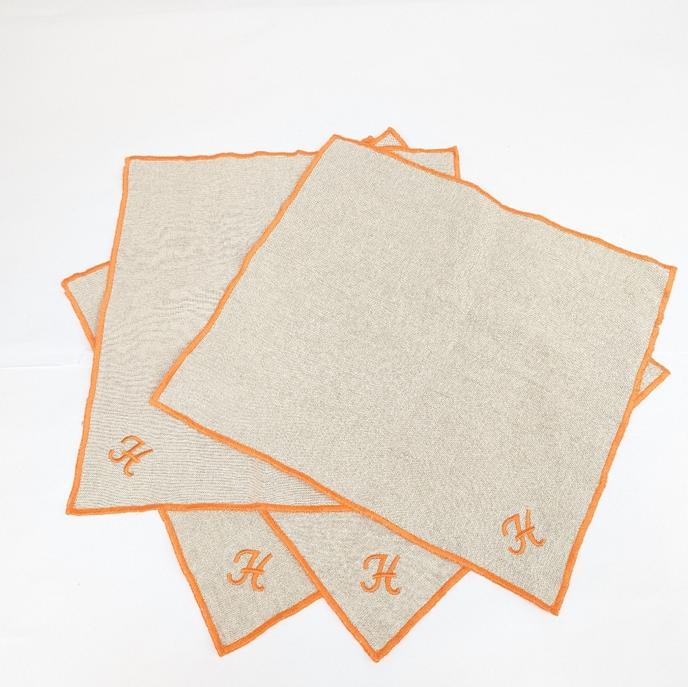 Set Of 4 Linen Cotton Orange And Tan Placemats Monogrammed 'H' Embroidered [248]